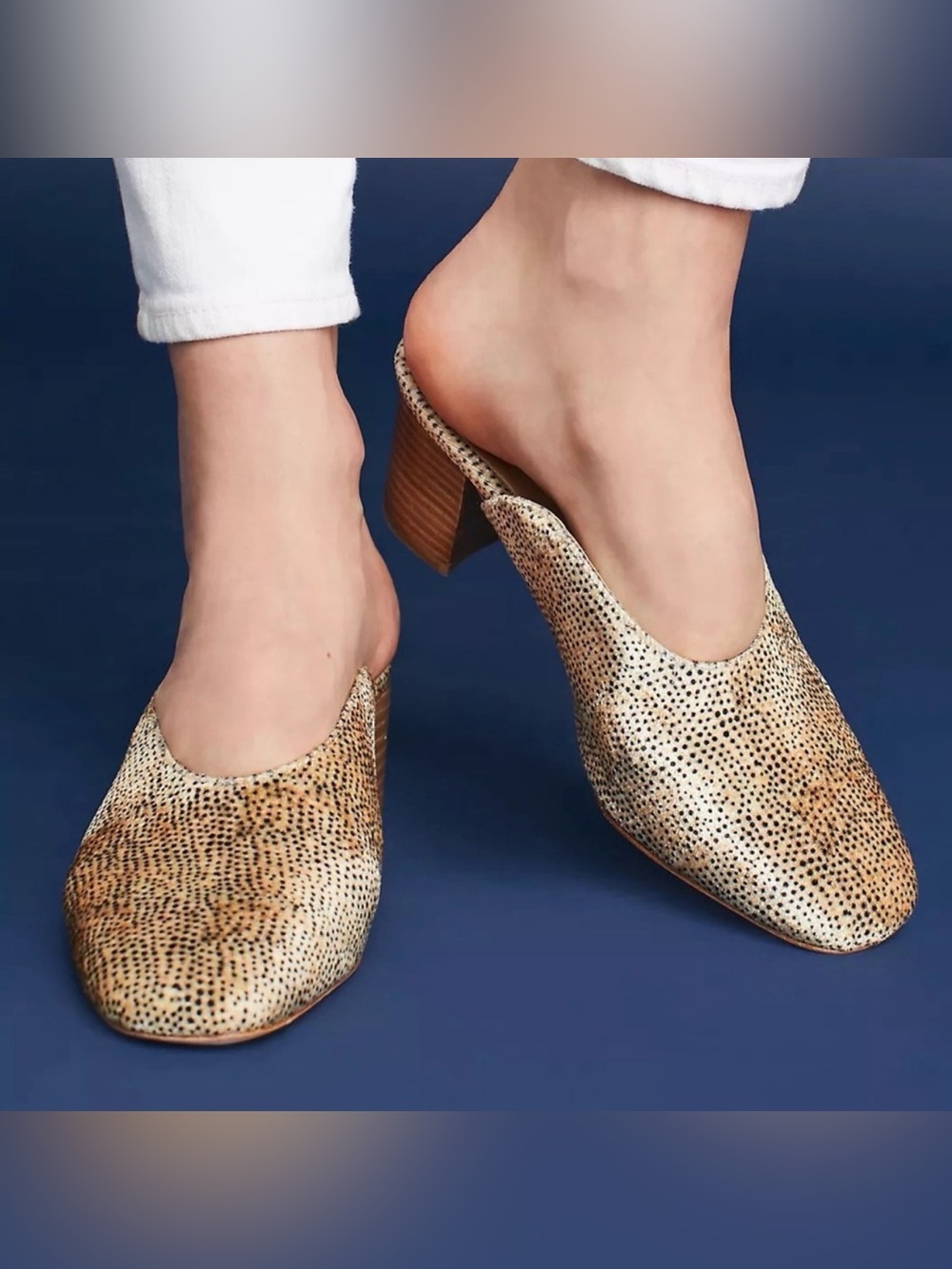Anthropologie Mules Women 7 M Tan Cheetah Animal Print Fabric Stacked Heel Shoes